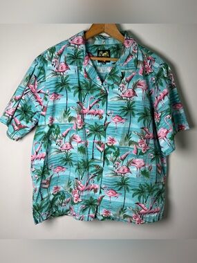 Vintage Benny’s Flamingo Hawaiian Shirt Aloha Camp Collar Cotton Made in Cali XL
